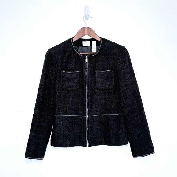 VTG Emma James Black Bouclé Tweed Zip-Up Blazer Jacket Collarless Size 8 - Picture 1 of 4